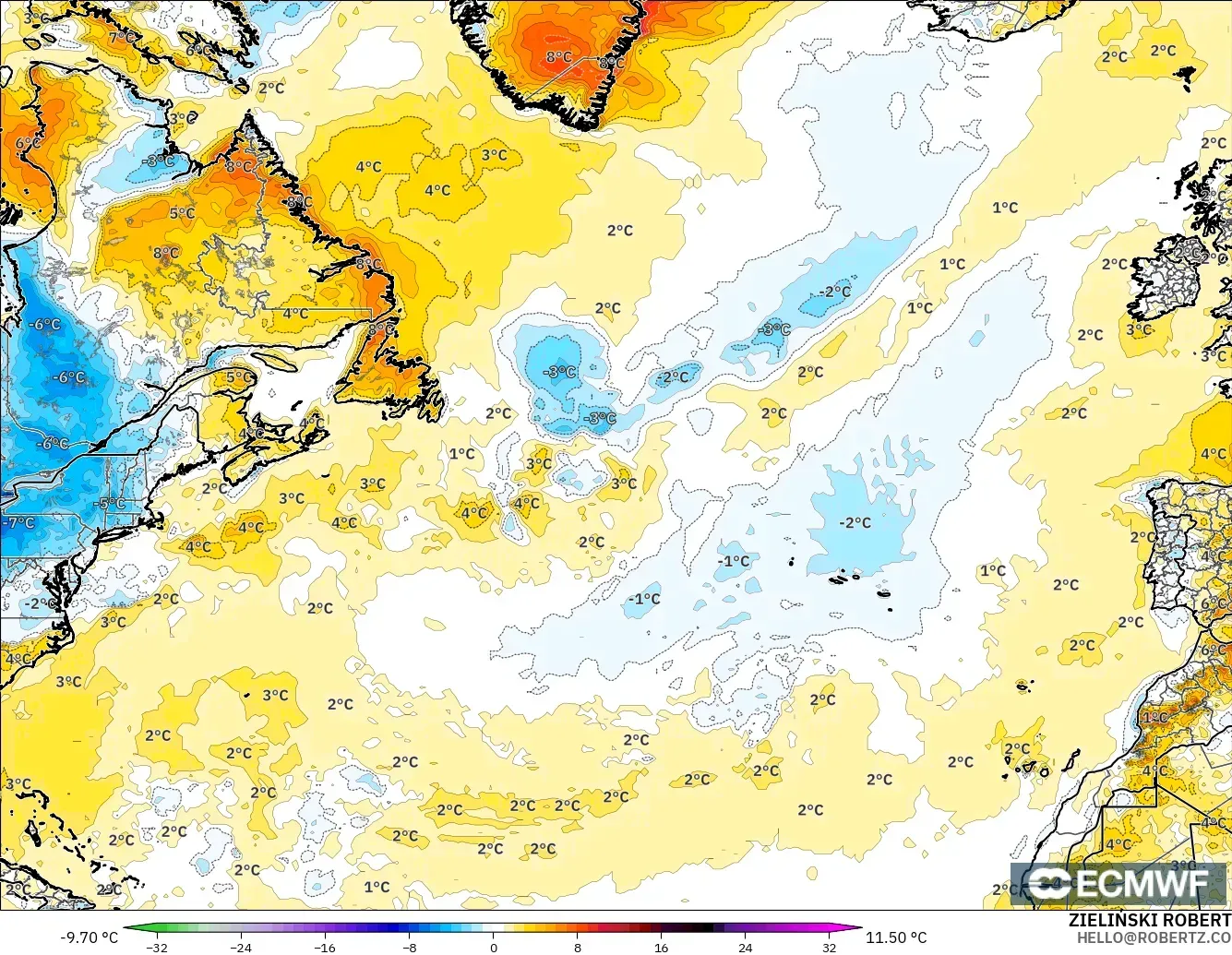 ECMWF IFS 0.25° modelo - Norte Atlántico, Anomalía de temperatura a 2 m