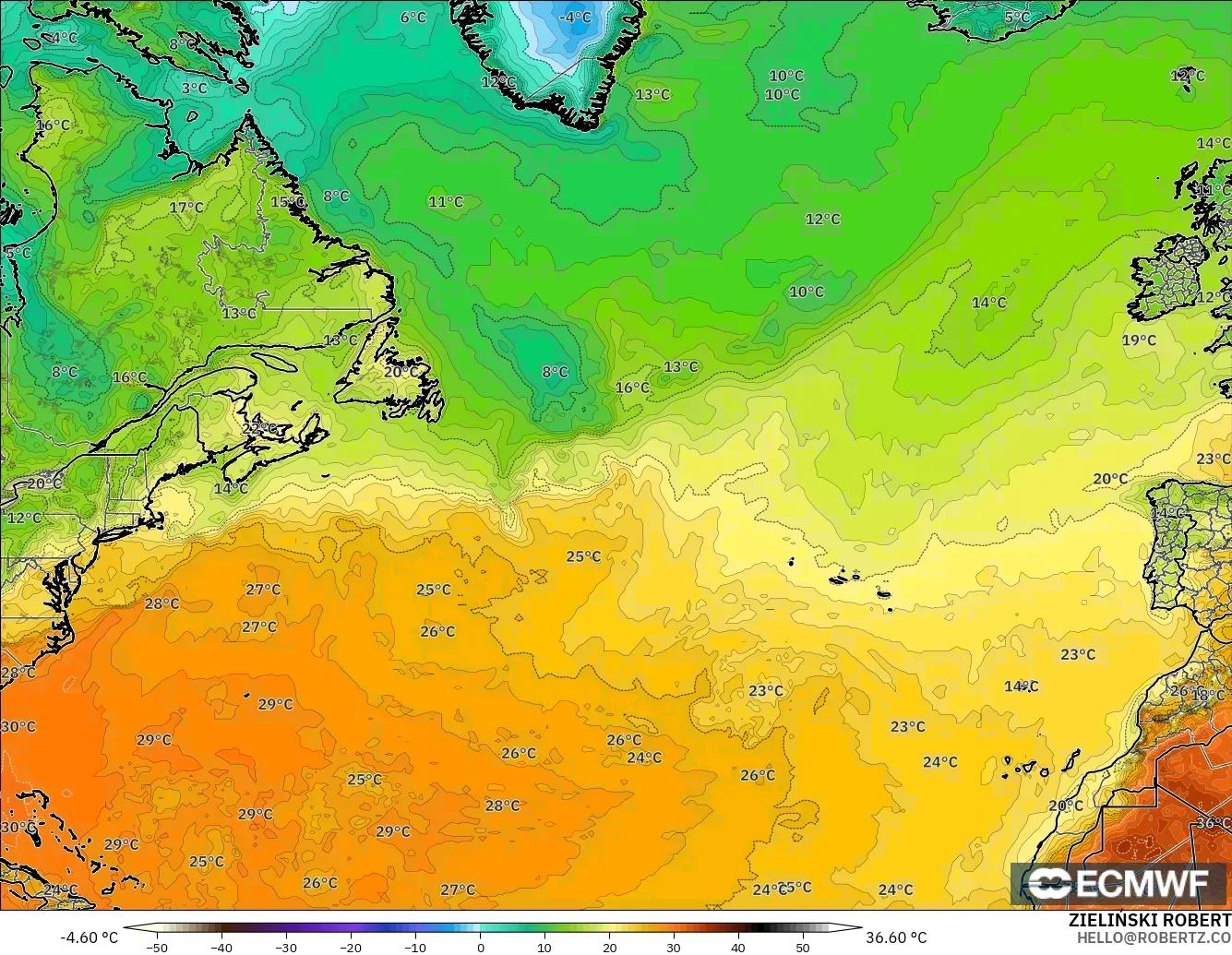 ECMWF IFS 0.25° modelo - Norte Atlántico, Temperatura a 2 m