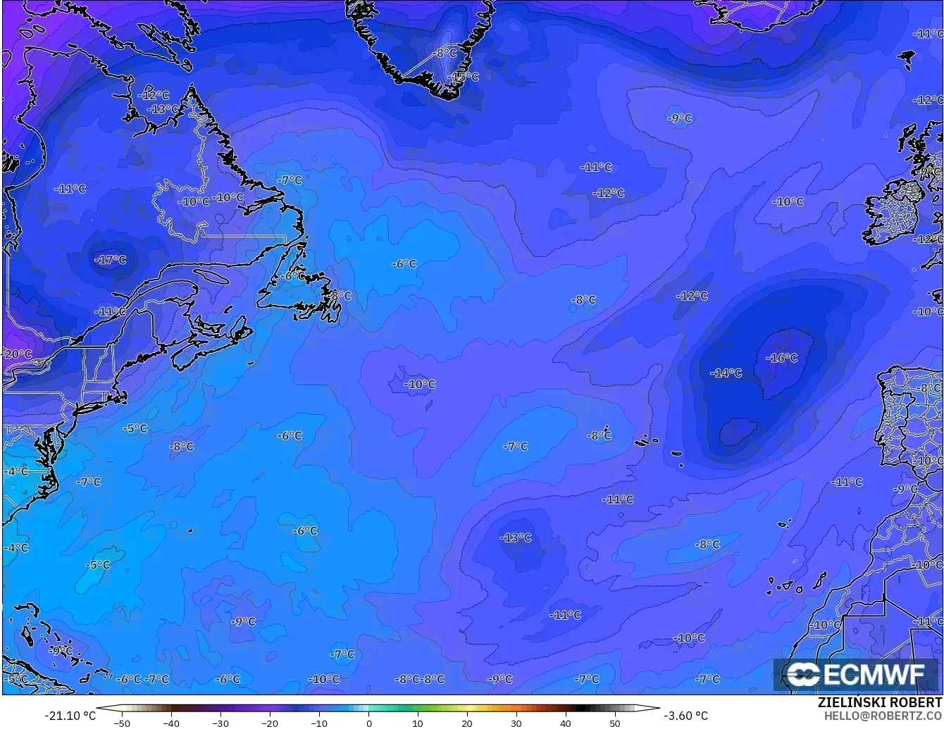 ECMWF IFS 0.25° modelo - Norte Atlántico, Temperatura a 500 hPa