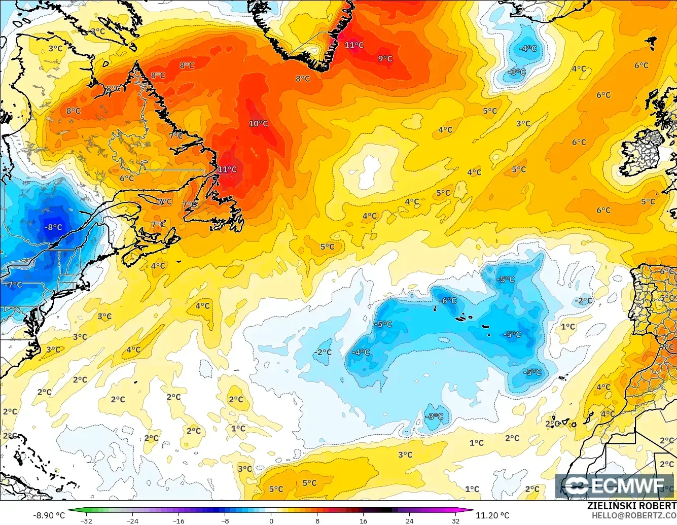 ECMWF IFS 0.25° modelo - Norte Atlántico, Anomalía de temperatura a 850 hPa