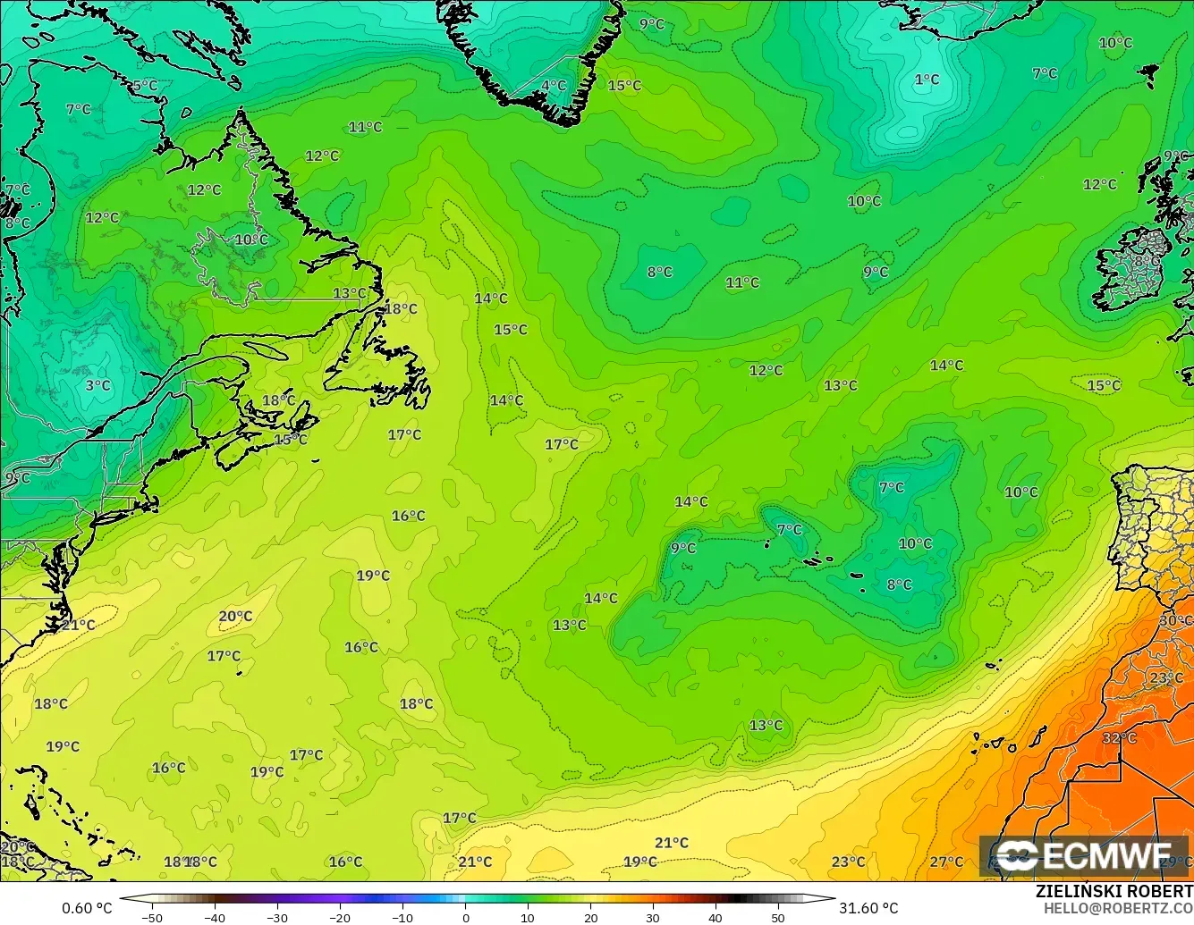 ECMWF IFS 0.25° modelo - Norte Atlántico, Temperatura a 850 hPa