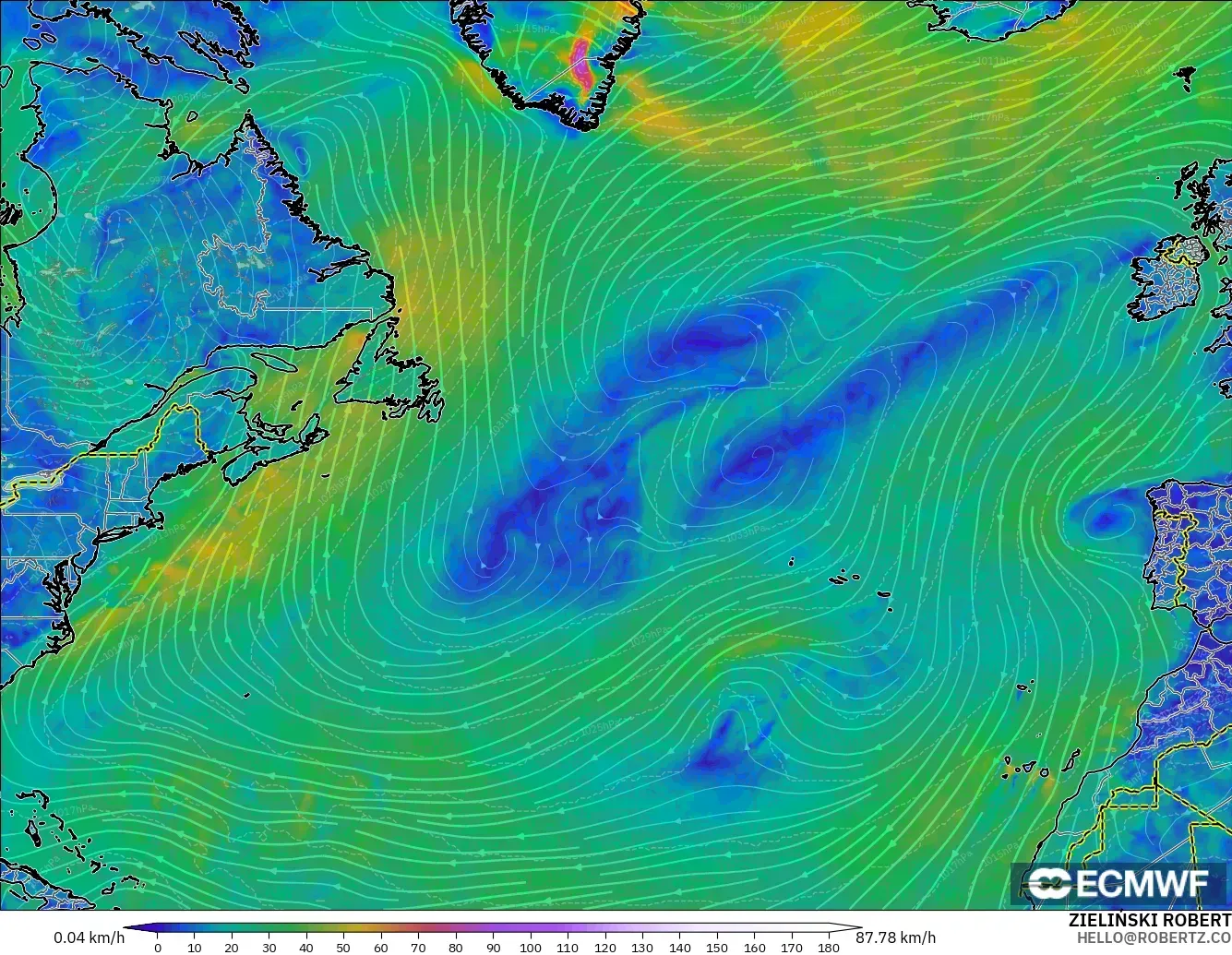 ECMWF IFS 0.25° modelo - Norte Atlántico, Viento a 10 m