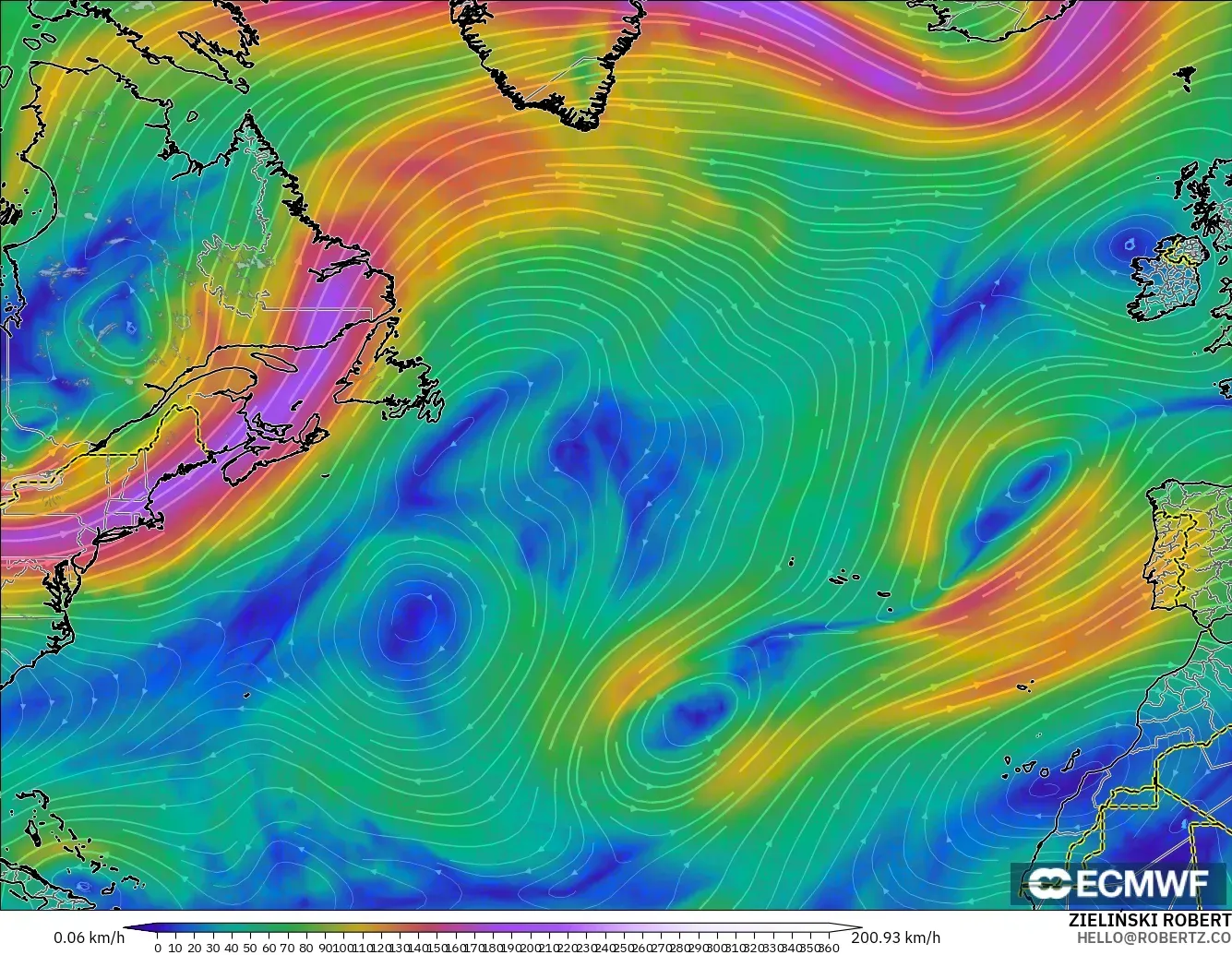 ECMWF IFS 0.25° modelo - Norte Atlántico, Viento a 300 hPa (corriente en chorro)