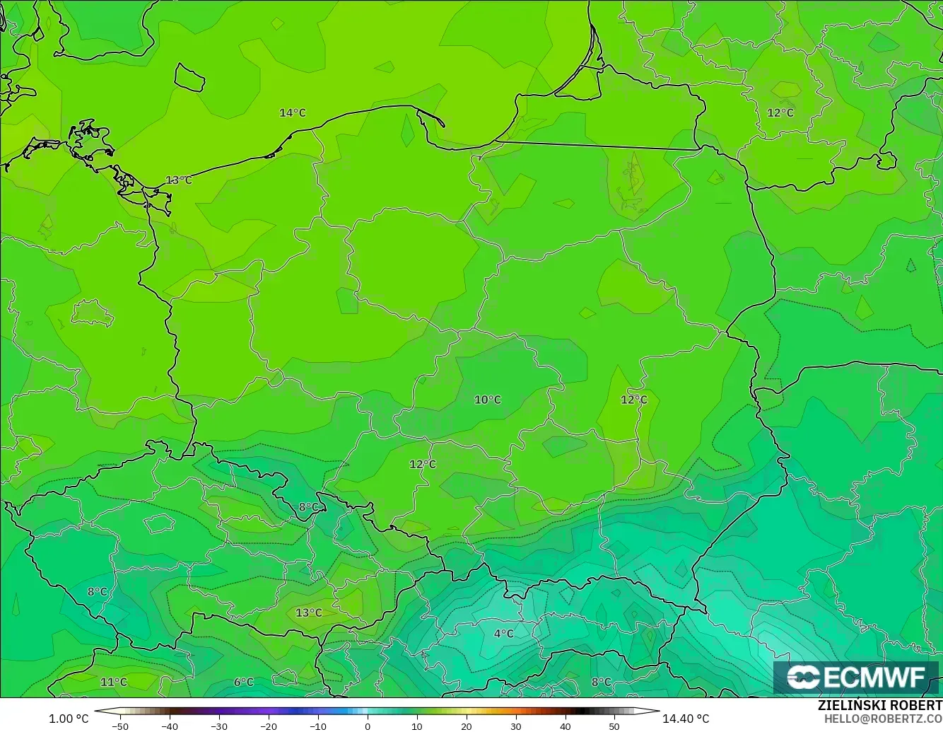 ECMWF IFS 0.25° modelo - Polonia, Punto de rocío a 2 m