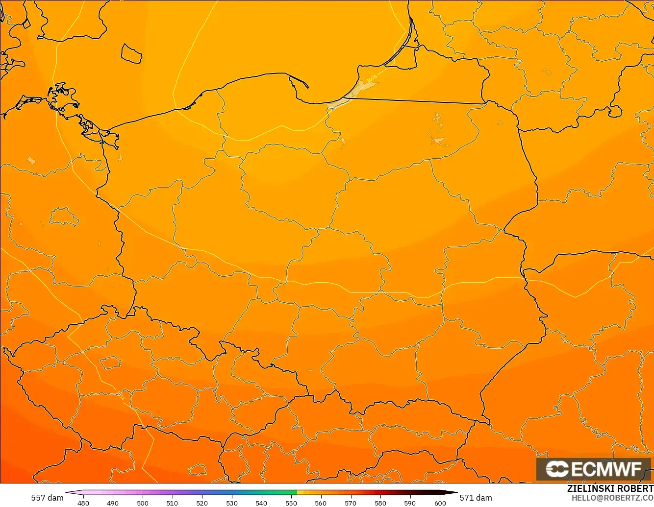 ECMWF IFS 0.25° modelo - Polonia, Altura geopotencial a 500 hPa