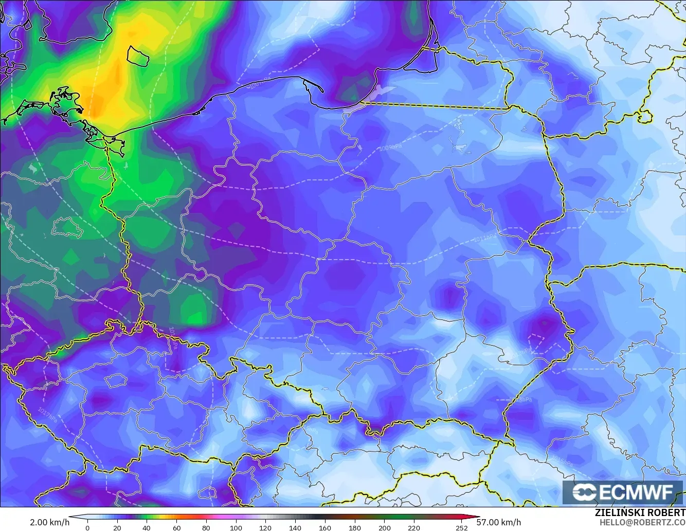 ECMWF IFS 0.25° modelo - Polonia, Ráfagas de viento