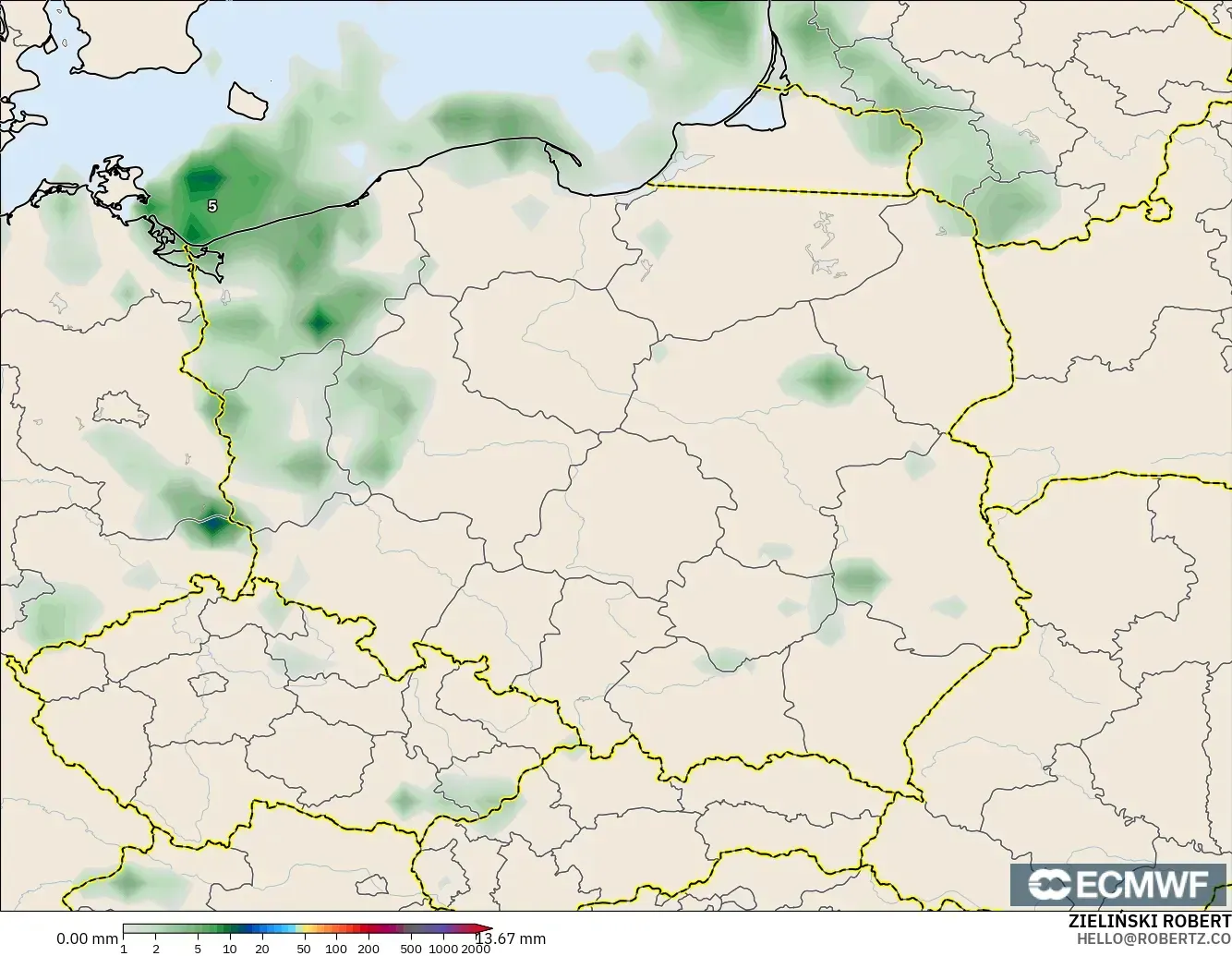 ECMWF IFS 0.25° modelo - Polonia, Acumulación de precipitación