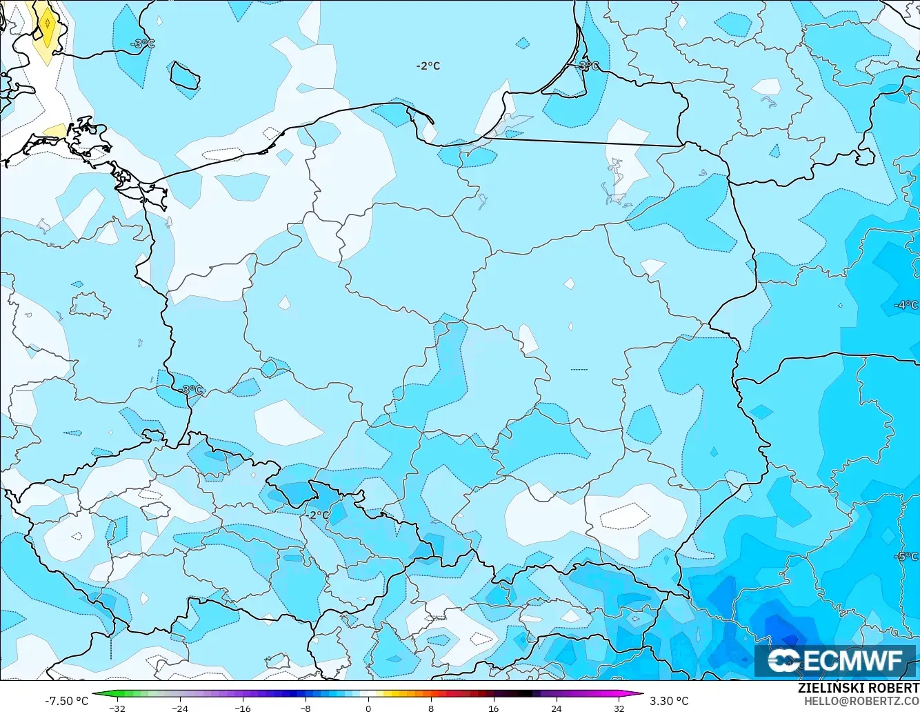 ECMWF IFS 0.25° modelo - Polonia, Anomalía de temperatura a 2 m