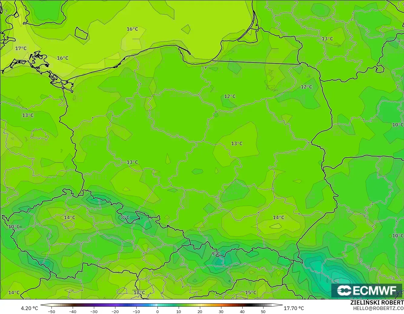 ECMWF IFS 0.25° modelo - Polonia, Temperatura a 2 m