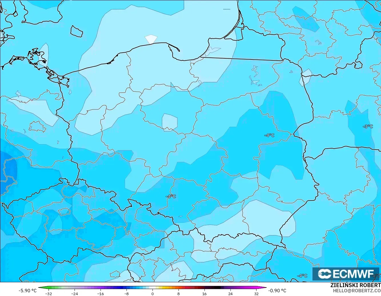 ECMWF IFS 0.25° modelo - Polonia, Anomalía de temperatura a 850 hPa