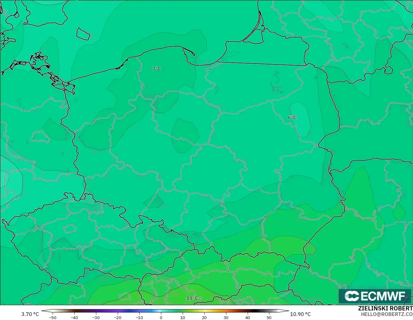 ECMWF IFS 0.25° modelo - Polonia, Temperatura a 850 hPa