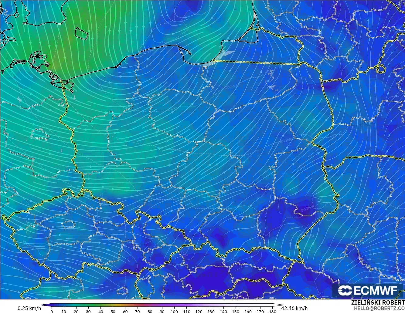 ECMWF IFS 0.25° modelo - Polonia, Viento a 10 m