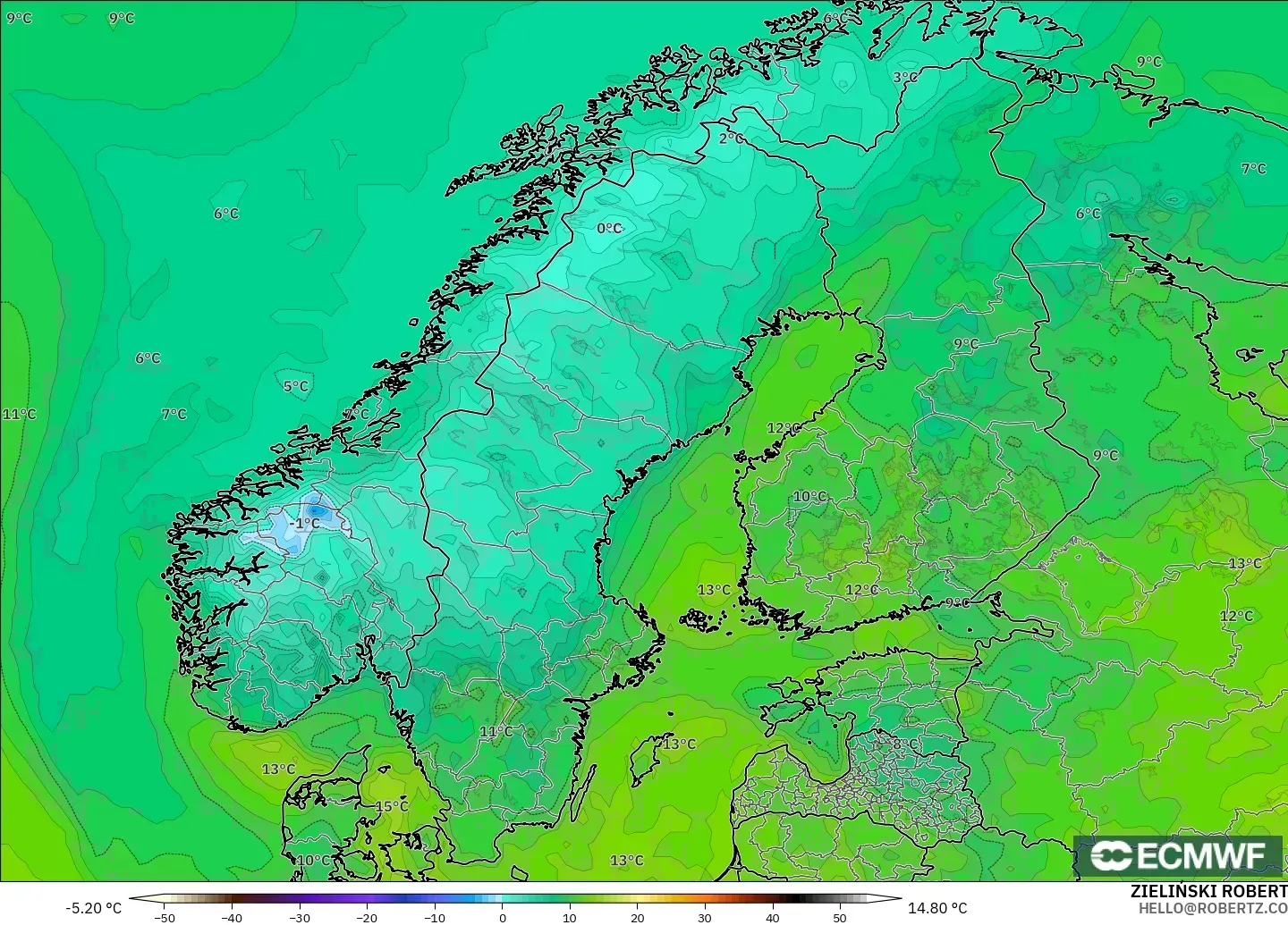 ECMWF IFS 0.25° modelo - Escandinavia, Punto de rocío a 2 m