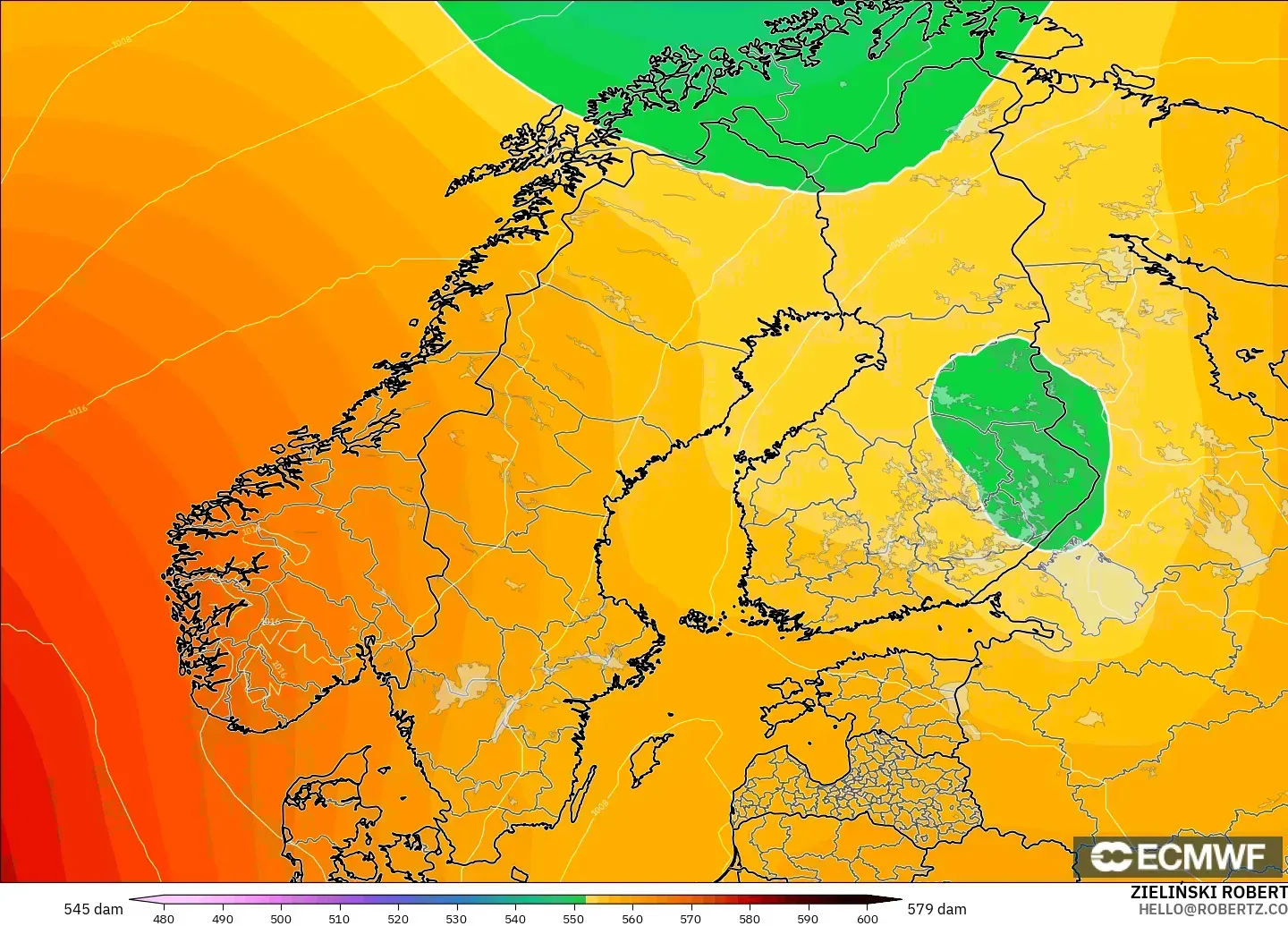 ECMWF IFS 0.25° modelo - Escandinavia, Altura geopotencial a 500 hPa