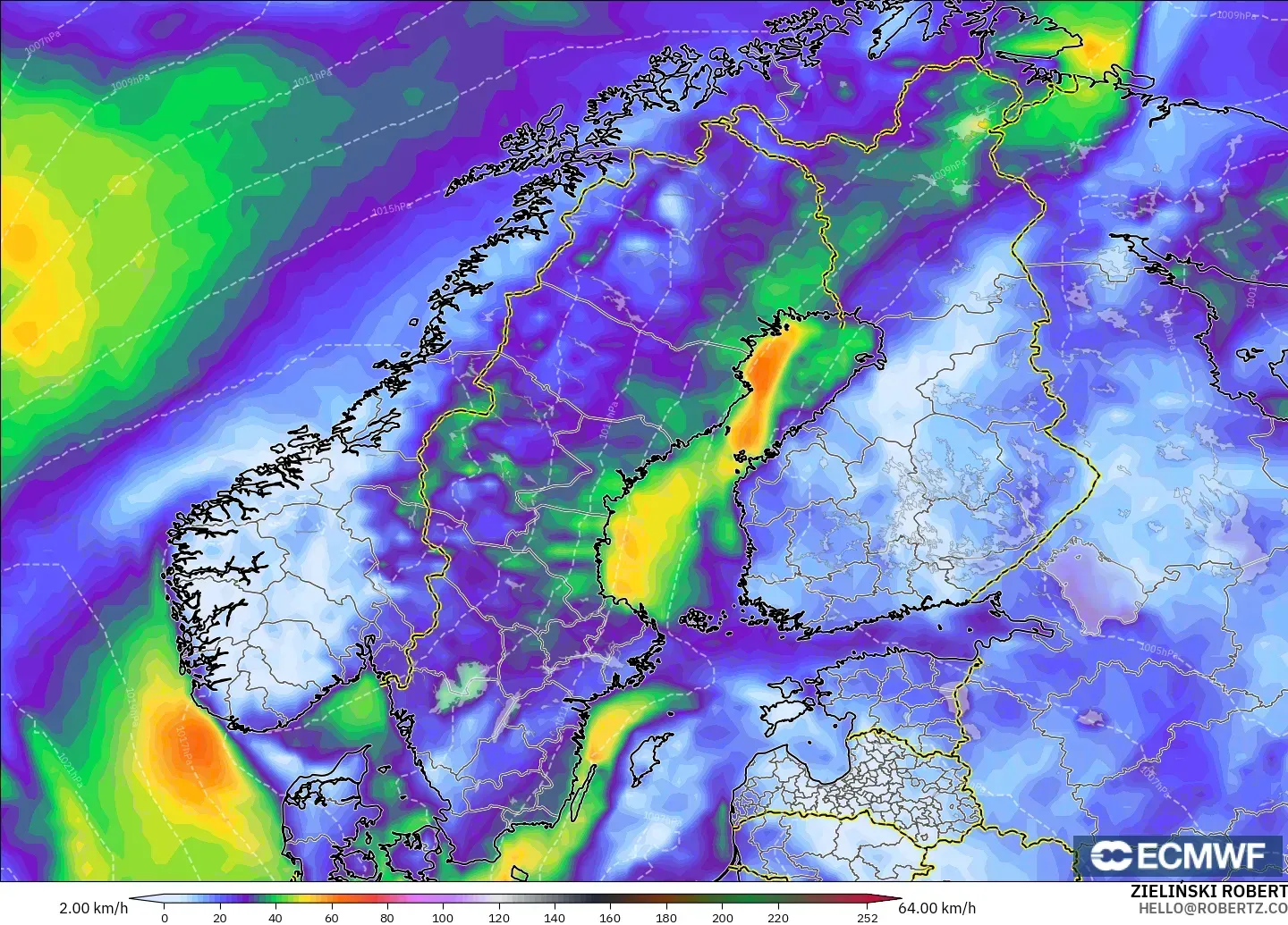 ECMWF IFS 0.25° modelo - Escandinavia, Ráfagas de Viento Máximas