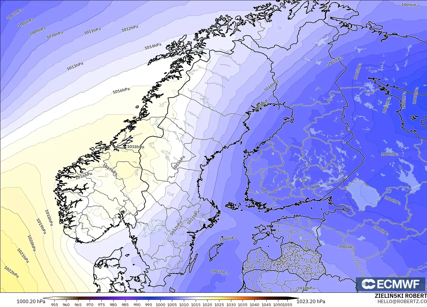 ECMWF IFS 0.25° modelo - Escandinavia, Presión