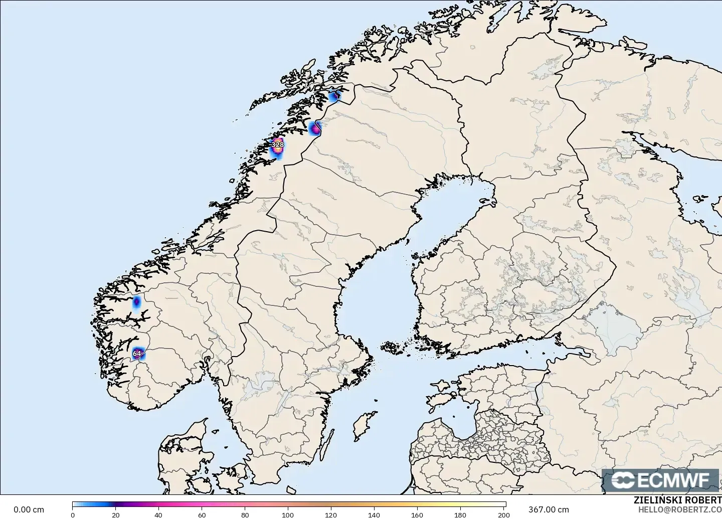 ECMWF IFS 0.25° modelo - Escandinavia, Profundidad de nieve