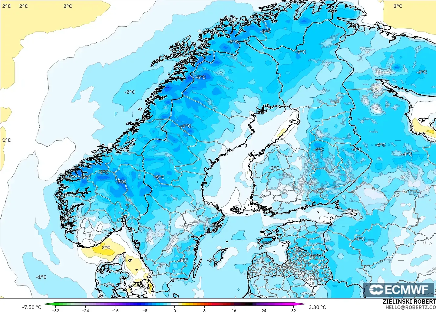 ECMWF IFS 0.25° modelo - Escandinavia, Anomalía de temperatura a 2 m