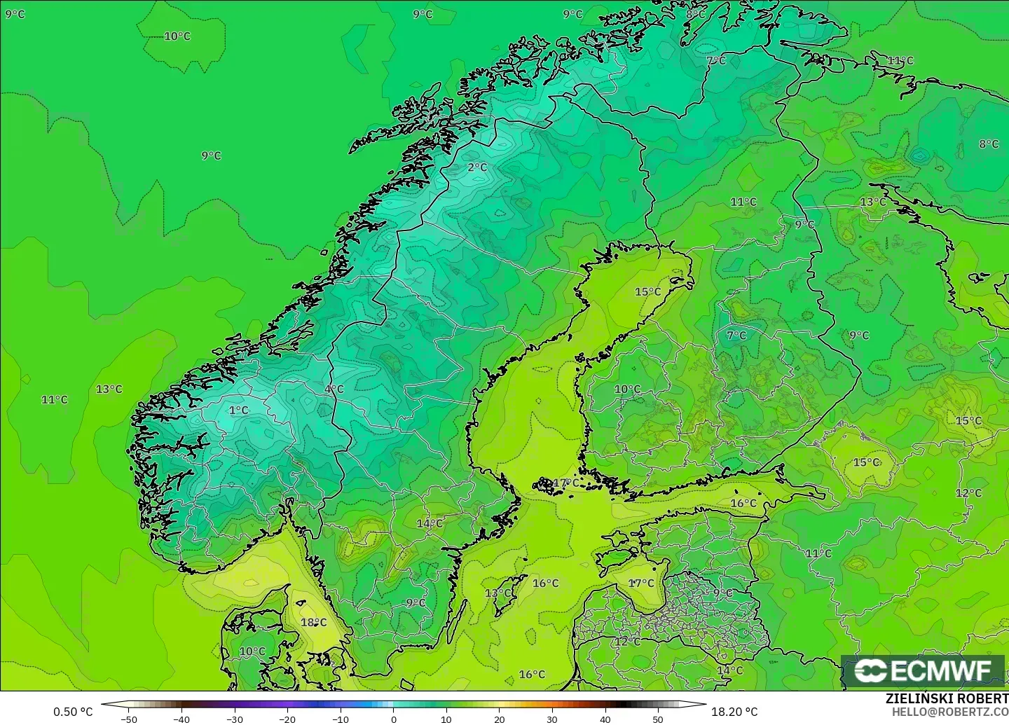ECMWF IFS 0.25° modelo - Escandinavia, Temperatura a 2 m