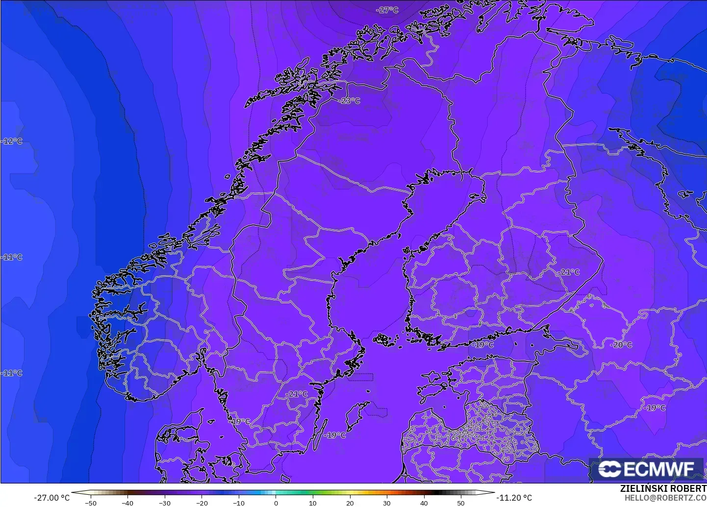 ECMWF IFS 0.25° modelo - Escandinavia, Temperatura a 500 hPa