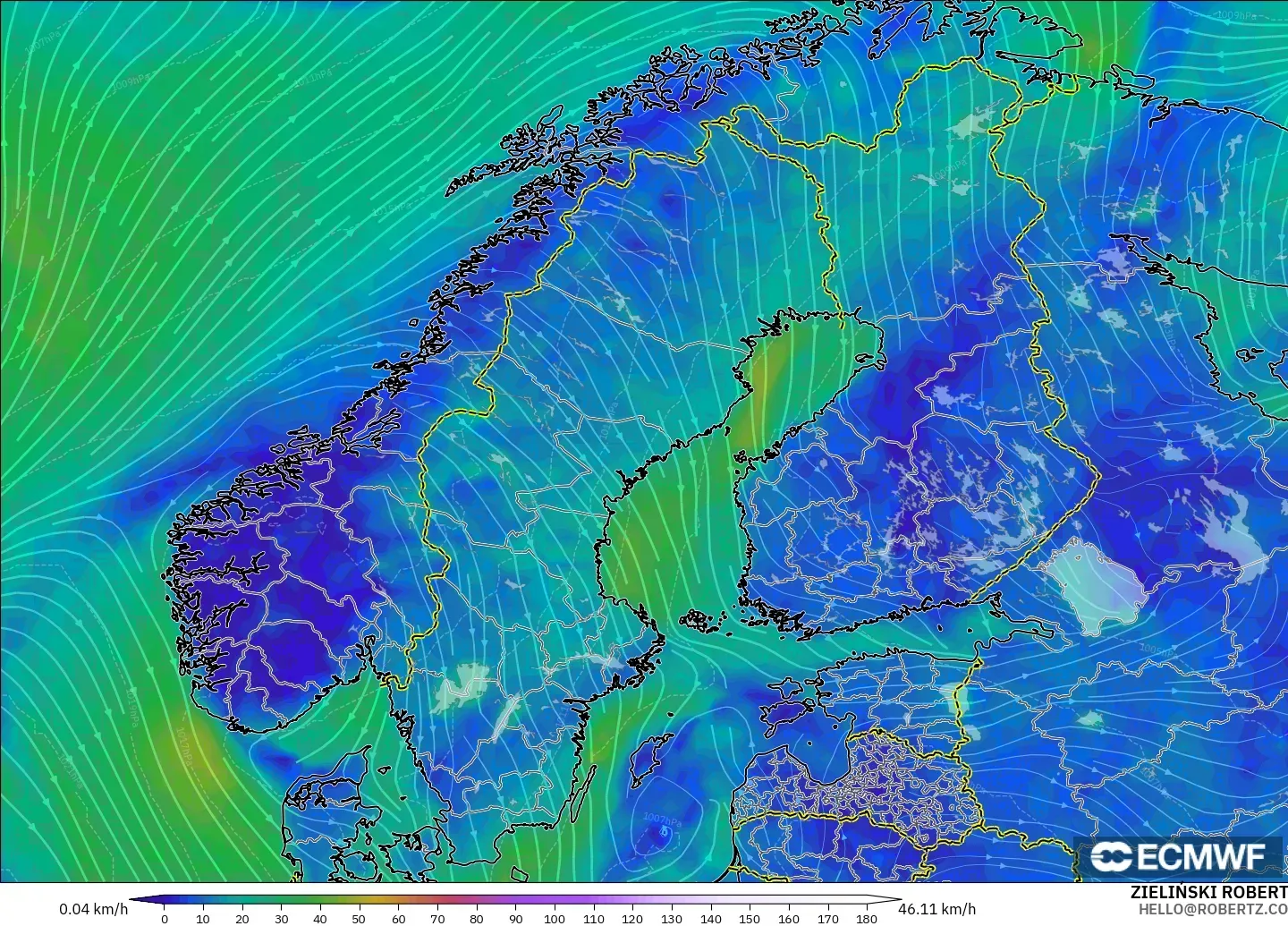 ECMWF IFS 0.25° modelo - Escandinavia, Viento a 10 m