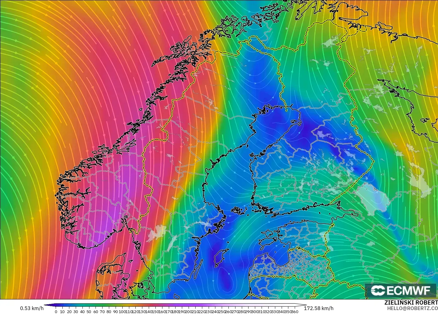 ECMWF IFS 0.25° modelo - Escandinavia, Viento a 300 hPa (corriente en chorro)
