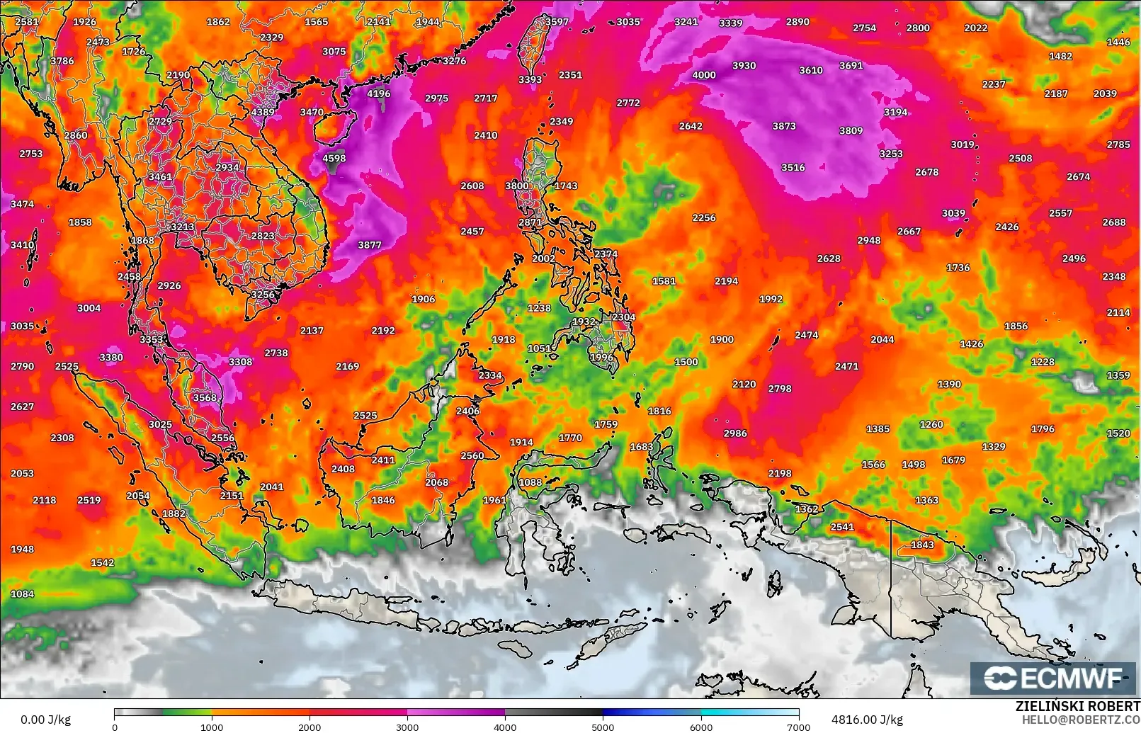 ECMWF IFS 0.25° modelo - Sudeste Asiático, CAPE