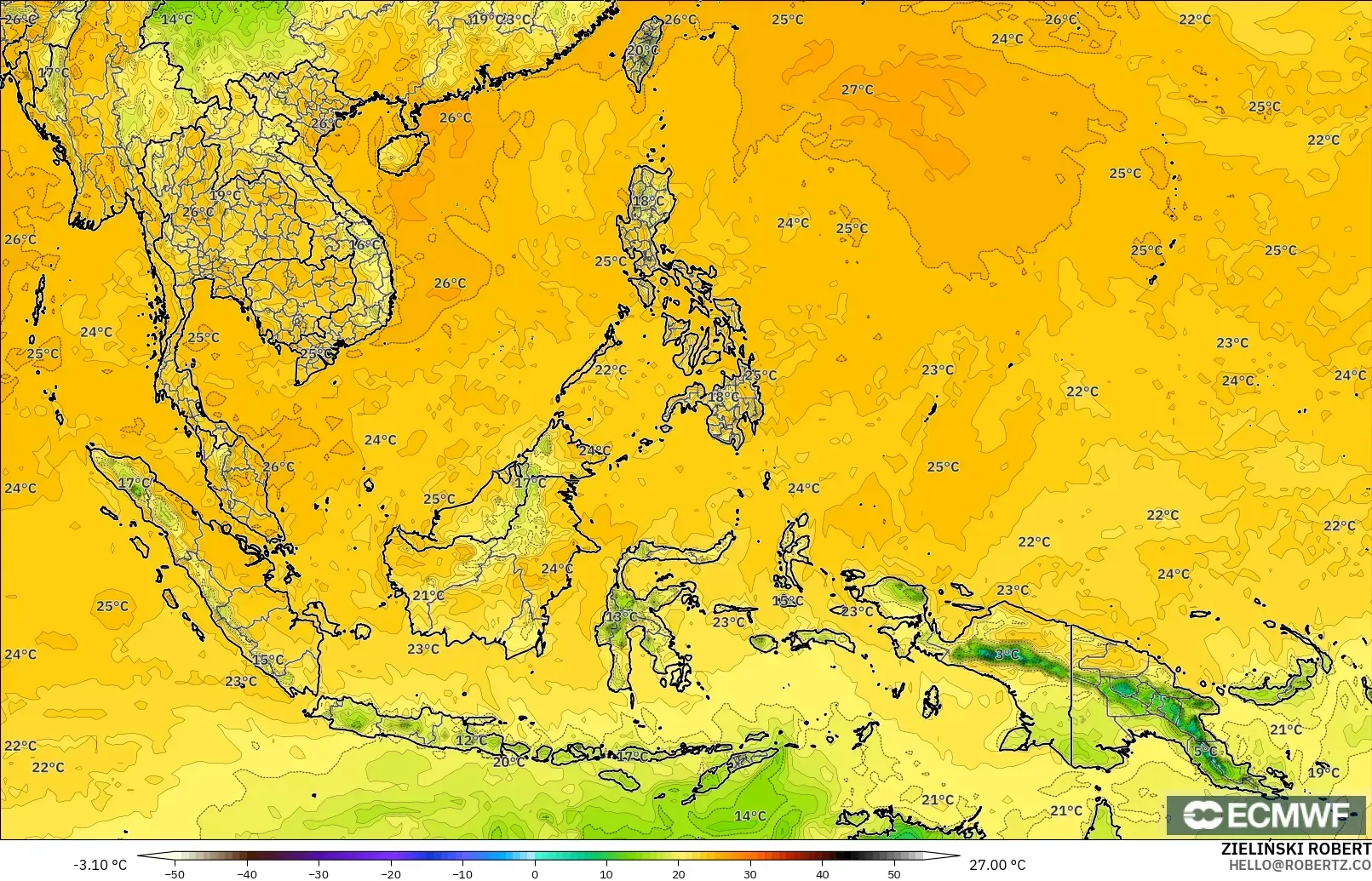 ECMWF IFS 0.25° modelo - Sudeste Asiático, Punto de rocío a 2 m