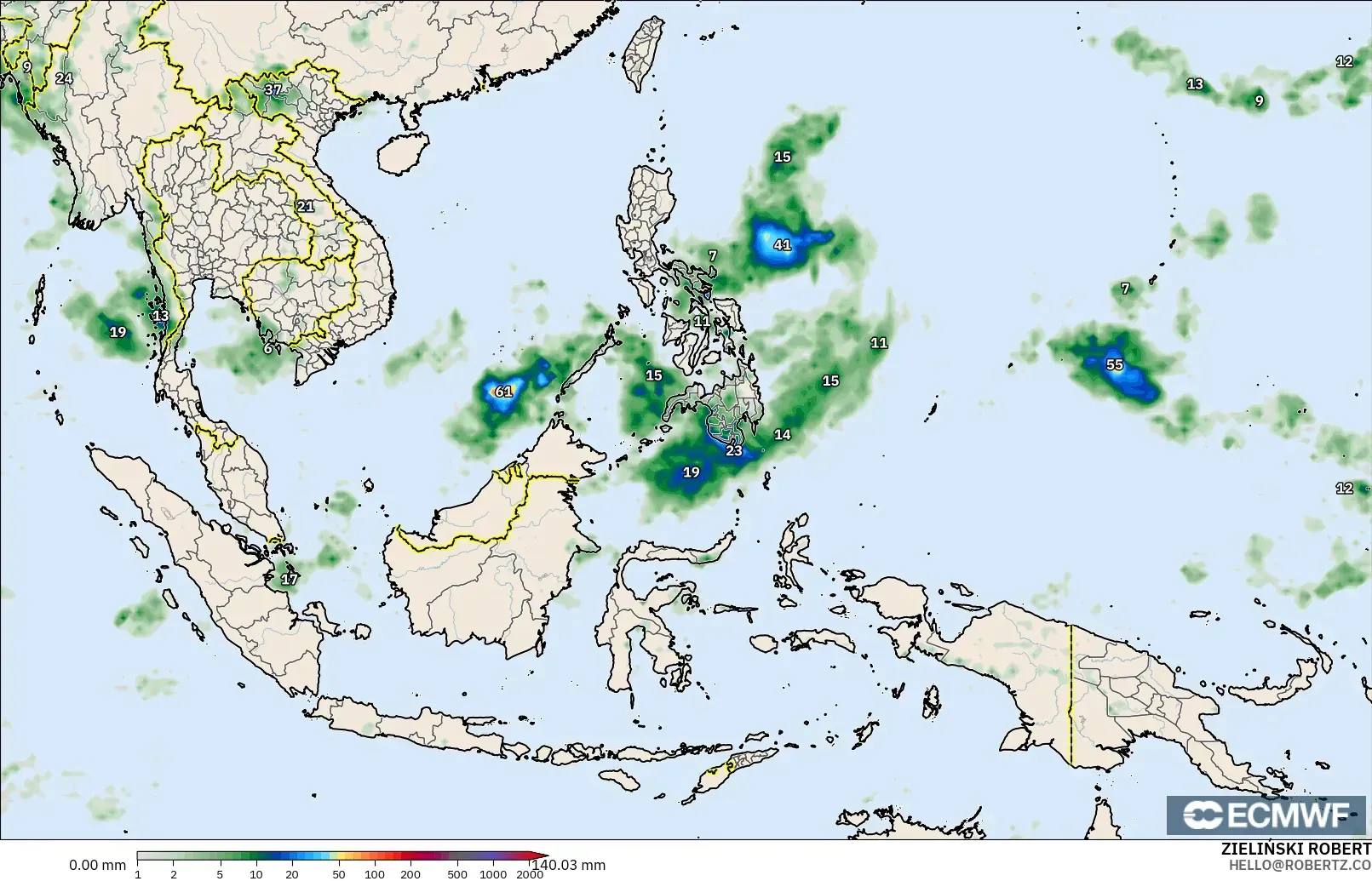 ECMWF IFS 0.25° modelo - Sudeste Asiático, Acumulación de precipitación