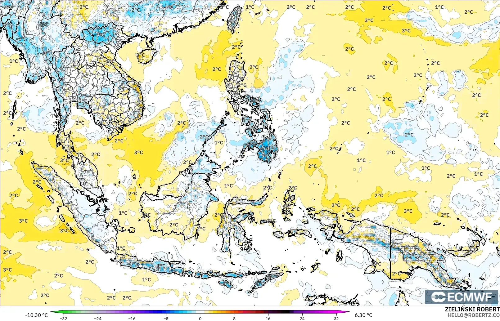 ECMWF IFS 0.25° modelo - Sudeste Asiático, Anomalía de temperatura a 2 m