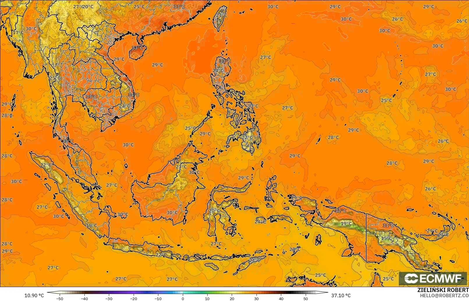 ECMWF IFS 0.25° modelo - Sudeste Asiático, Temperatura a 2 m