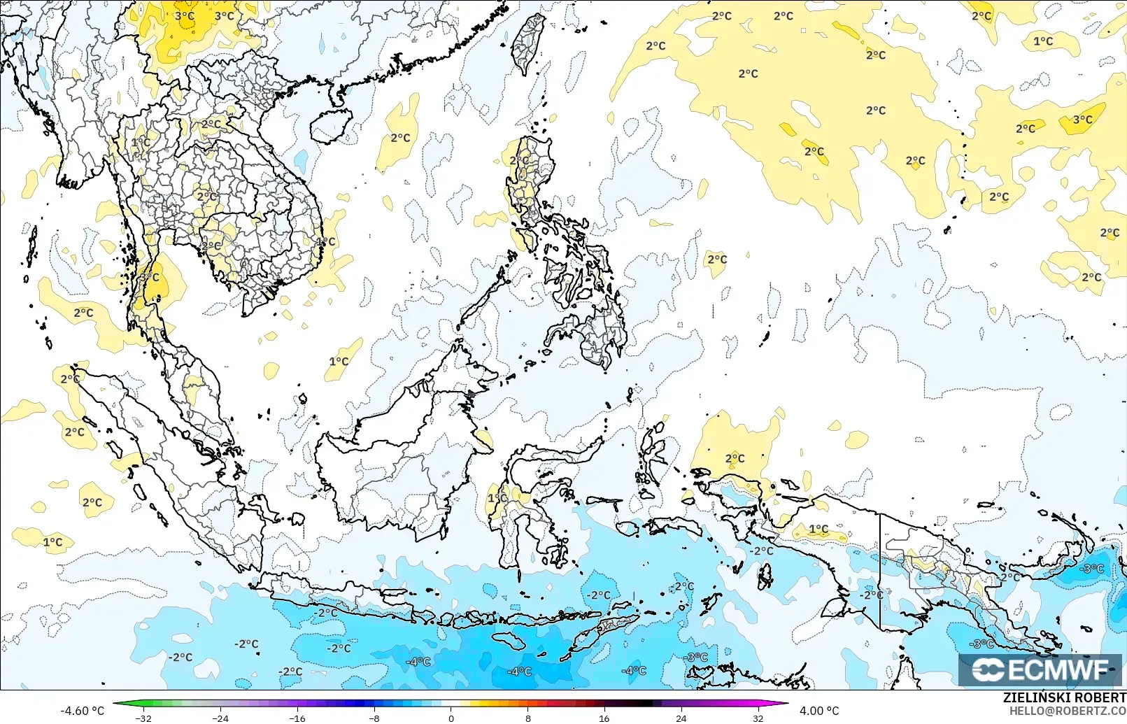 ECMWF IFS 0.25° modelo - Sudeste Asiático, Anomalía de temperatura a 850 hPa
