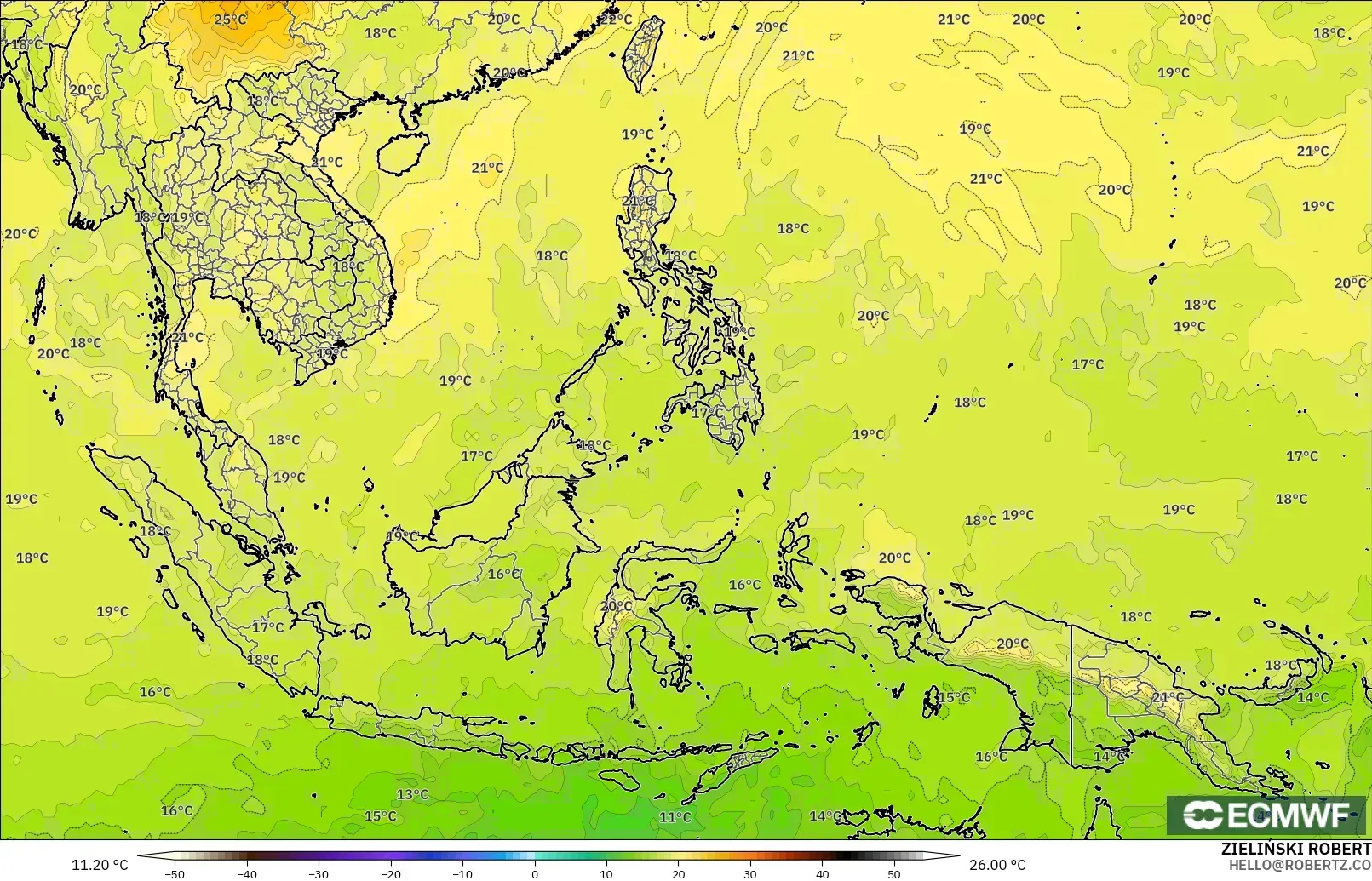 ECMWF IFS 0.25° modelo - Sudeste Asiático, Temperatura a 850 hPa