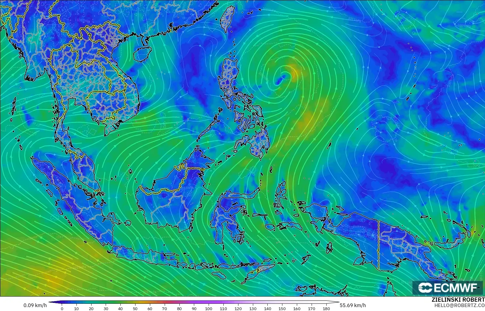 ECMWF IFS 0.25° modelo - Sudeste Asiático, Viento a 10 m