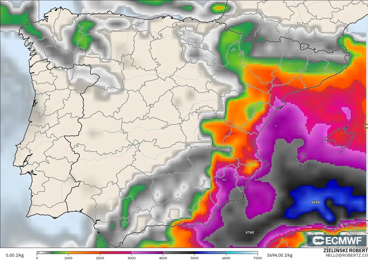 ECMWF IFS 0.25° modelo - España, CAPE
