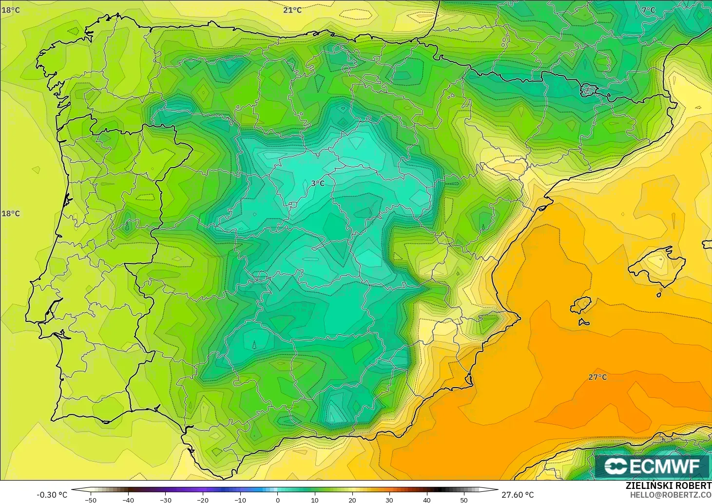 ECMWF IFS 0.25° modelo - España, Punto de rocío a 2 m