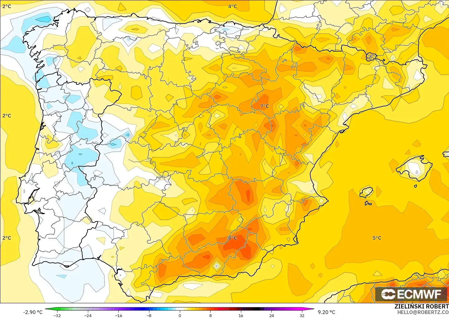 ECMWF IFS 0.25° modelo - España, Anomalía de temperatura a 2 m