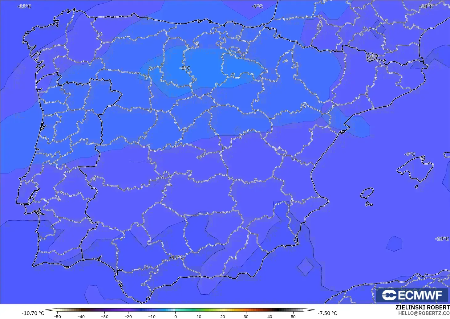 ECMWF IFS 0.25° modelo - España, Temperatura a 500 hPa