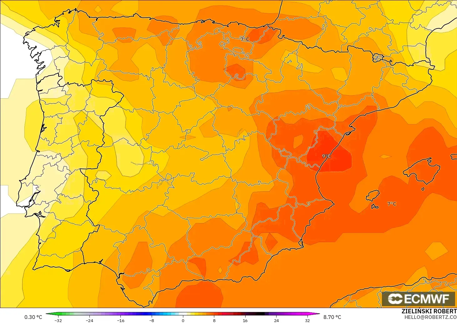 ECMWF IFS 0.25° modelo - España, Anomalía de temperatura a 850 hPa