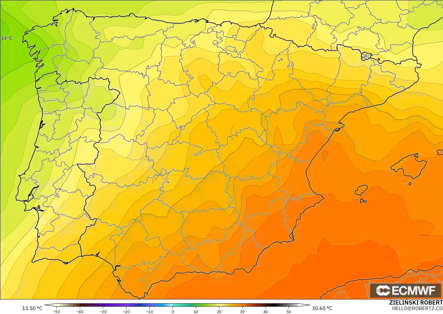 ECMWF IFS 0.25° modelo - España, Temperatura a 850 hPa