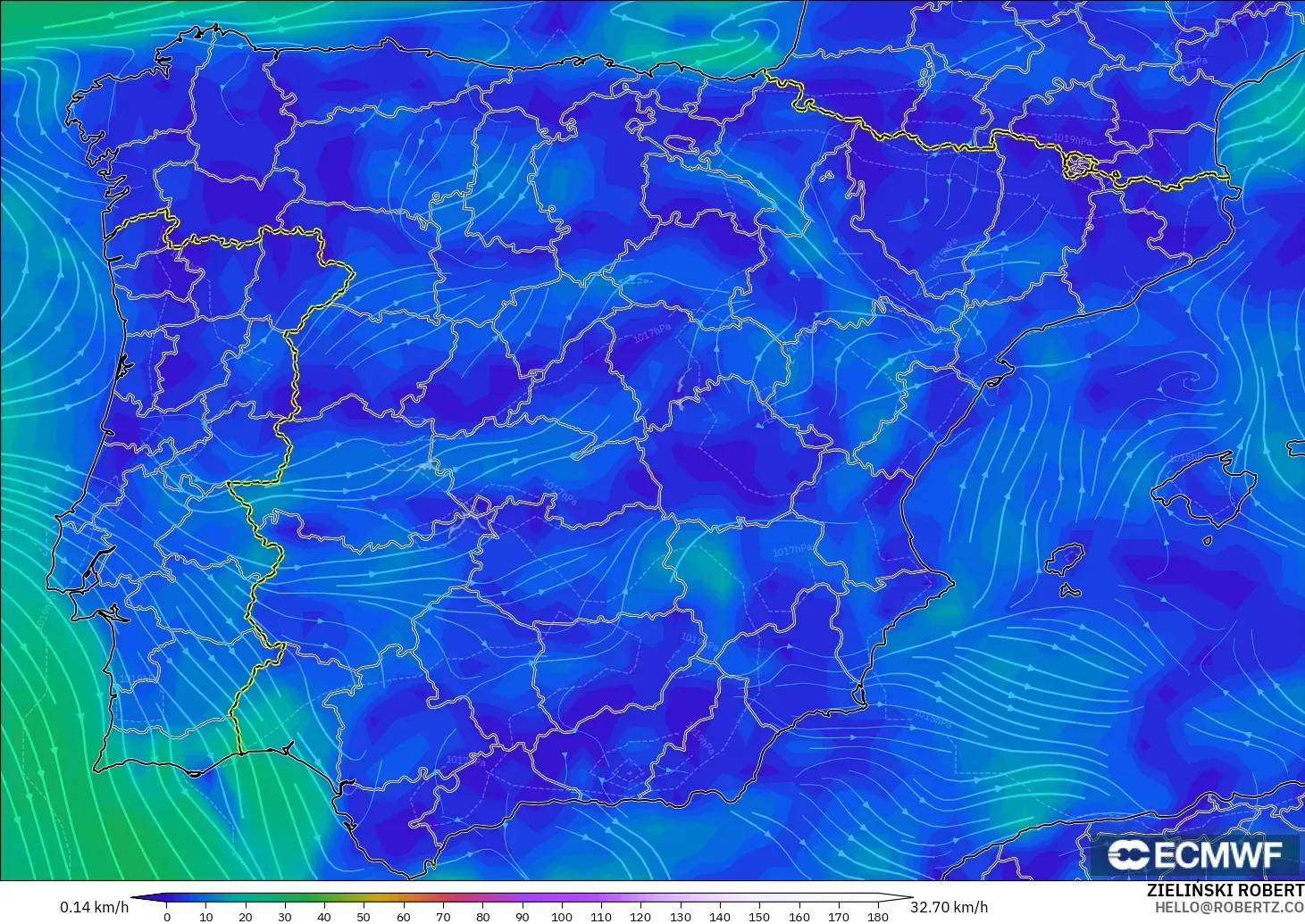 ECMWF IFS 0.25° modelo - España, Viento a 10 m