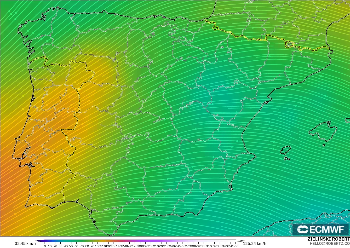 ECMWF IFS 0.25° modelo - España, Viento a 300 hPa (corriente en chorro)