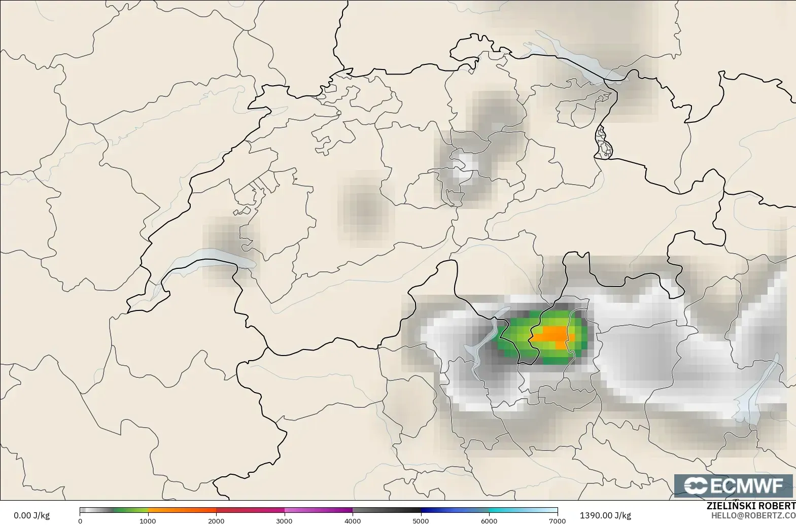 ECMWF IFS 0.25° modelo - Suiza, CAPE