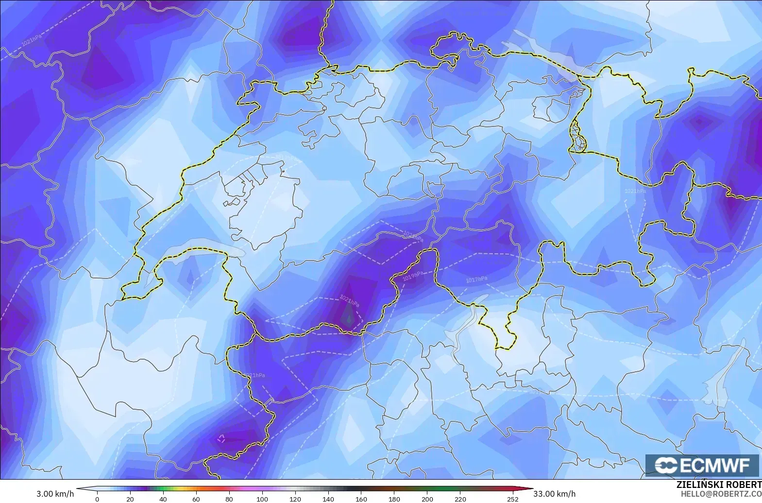 ECMWF IFS 0.25° modelo - Suiza, Ráfagas de viento