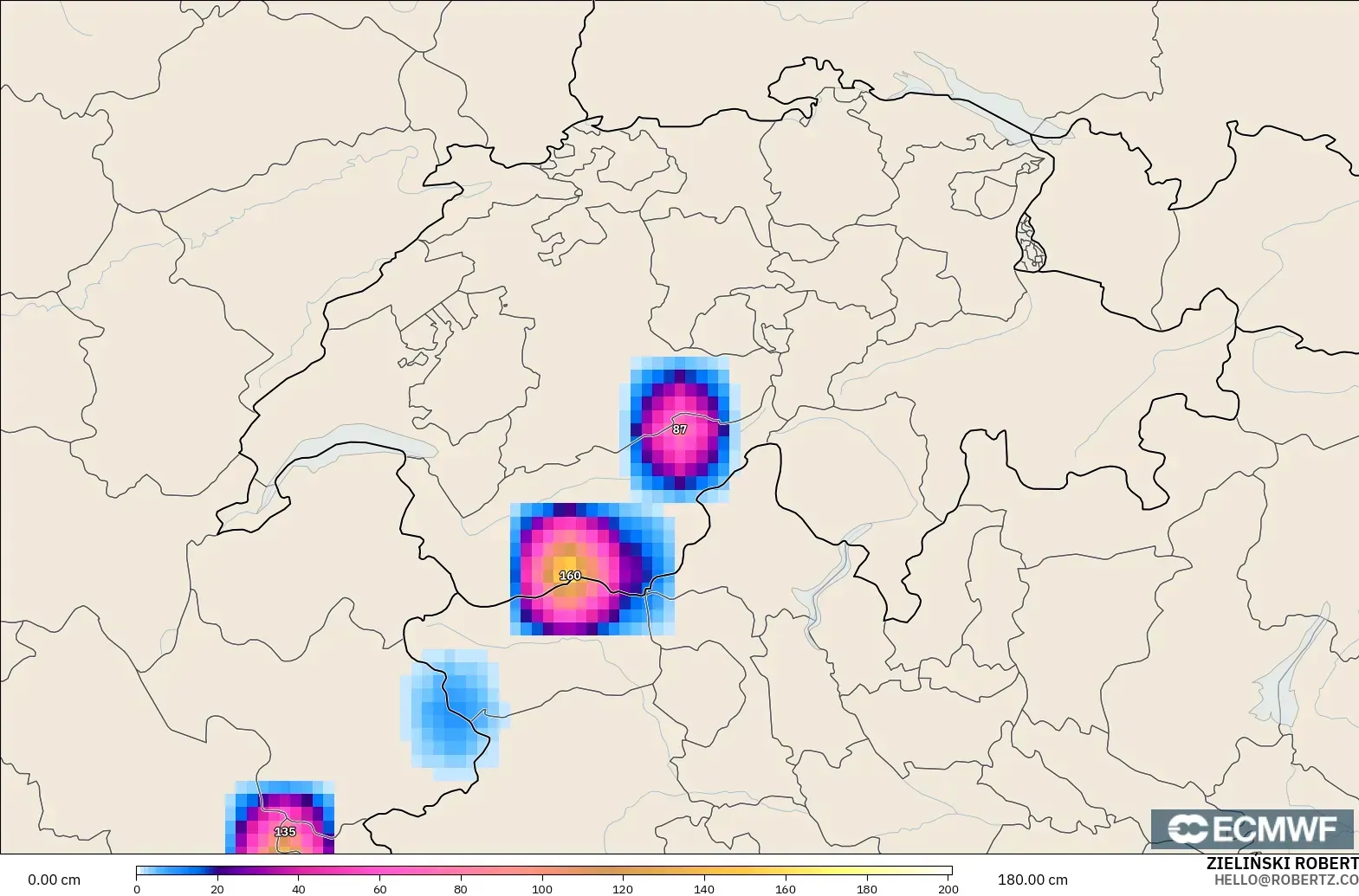 ECMWF IFS 0.25° modelo - Suiza, Profundidad de nieve