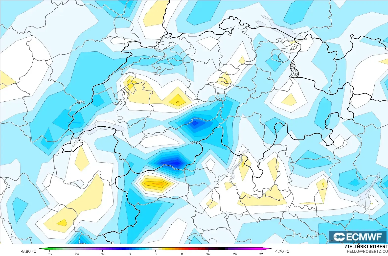 ECMWF IFS 0.25° modelo - Suiza, Anomalía de temperatura a 2 m