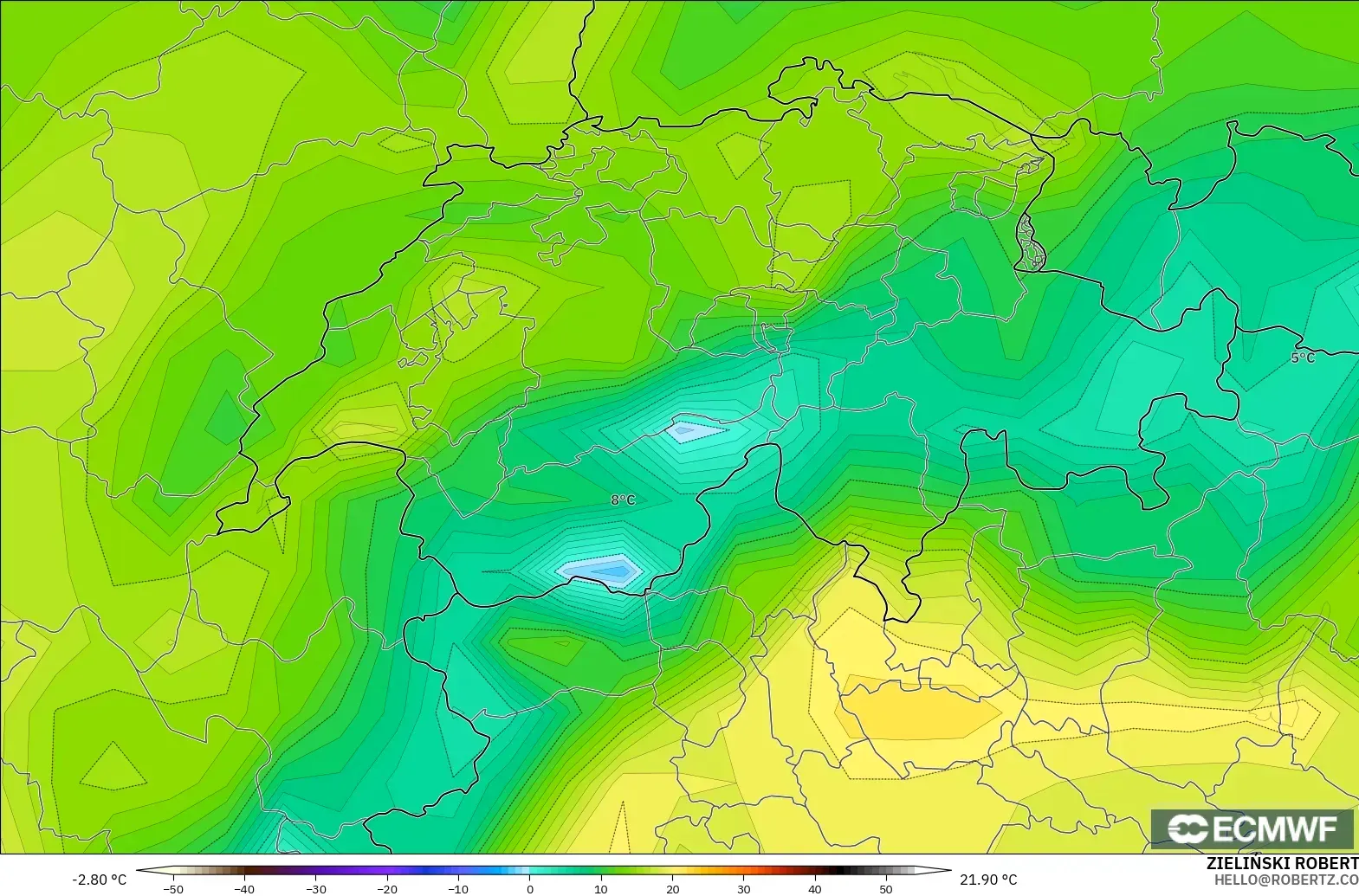ECMWF IFS 0.25° modelo - Suiza, Temperatura a 2 m