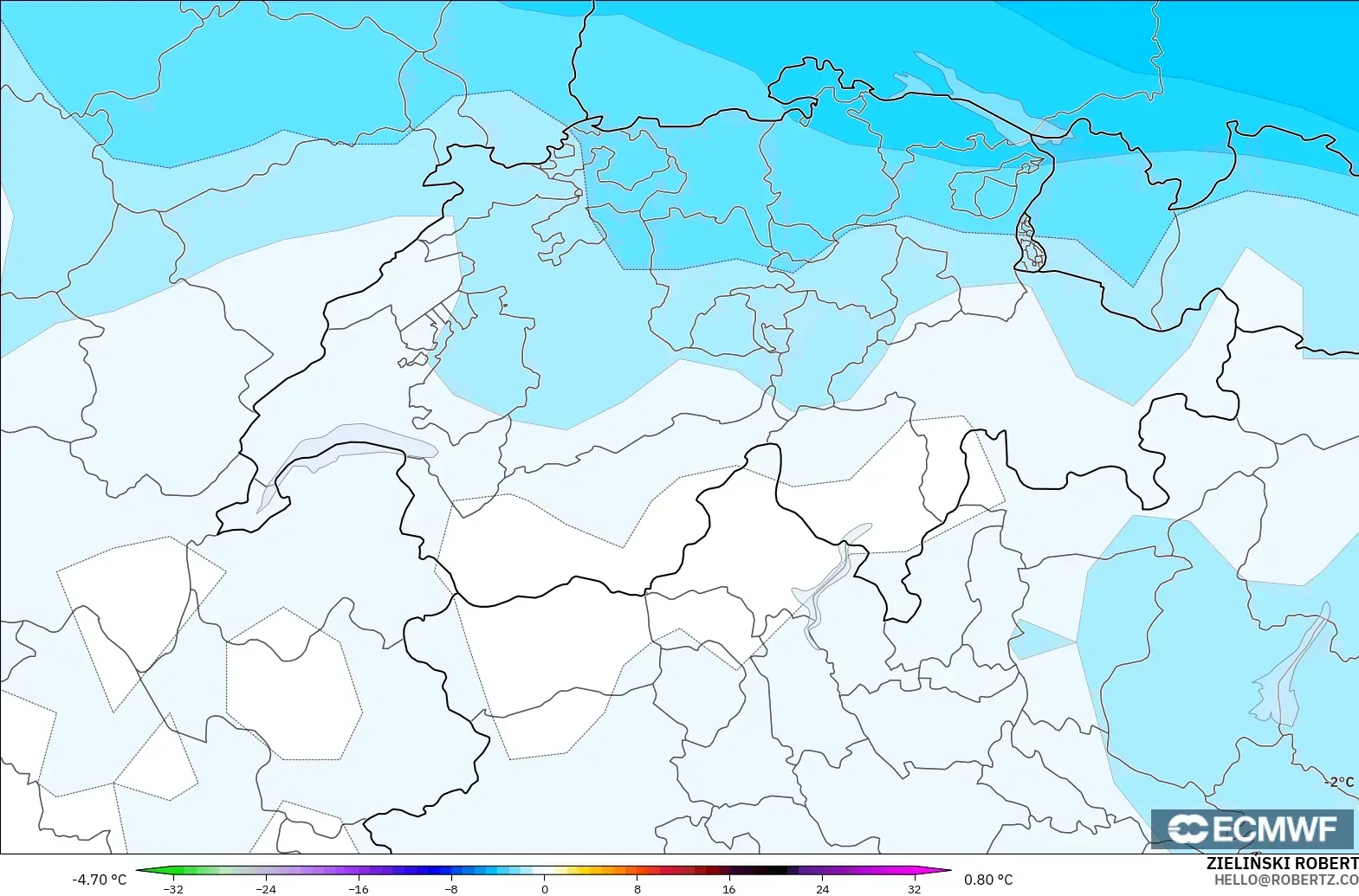 ECMWF IFS 0.25° modelo - Suiza, Anomalía de temperatura a 850 hPa