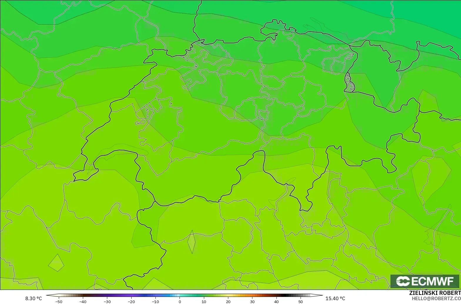 ECMWF IFS 0.25° modelo - Suiza, Temperatura a 850 hPa