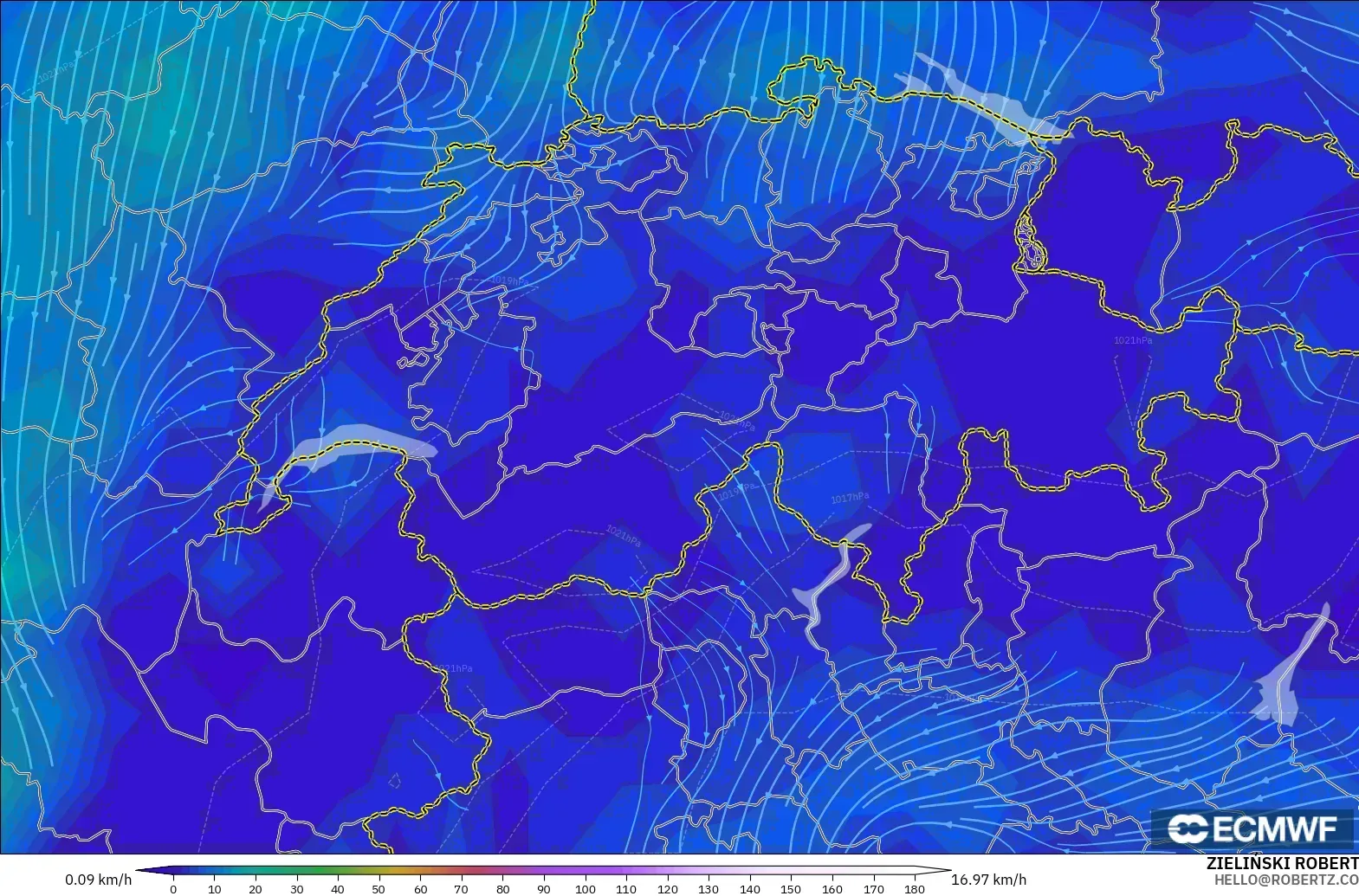 ECMWF IFS 0.25° modelo - Suiza, Viento a 10 m